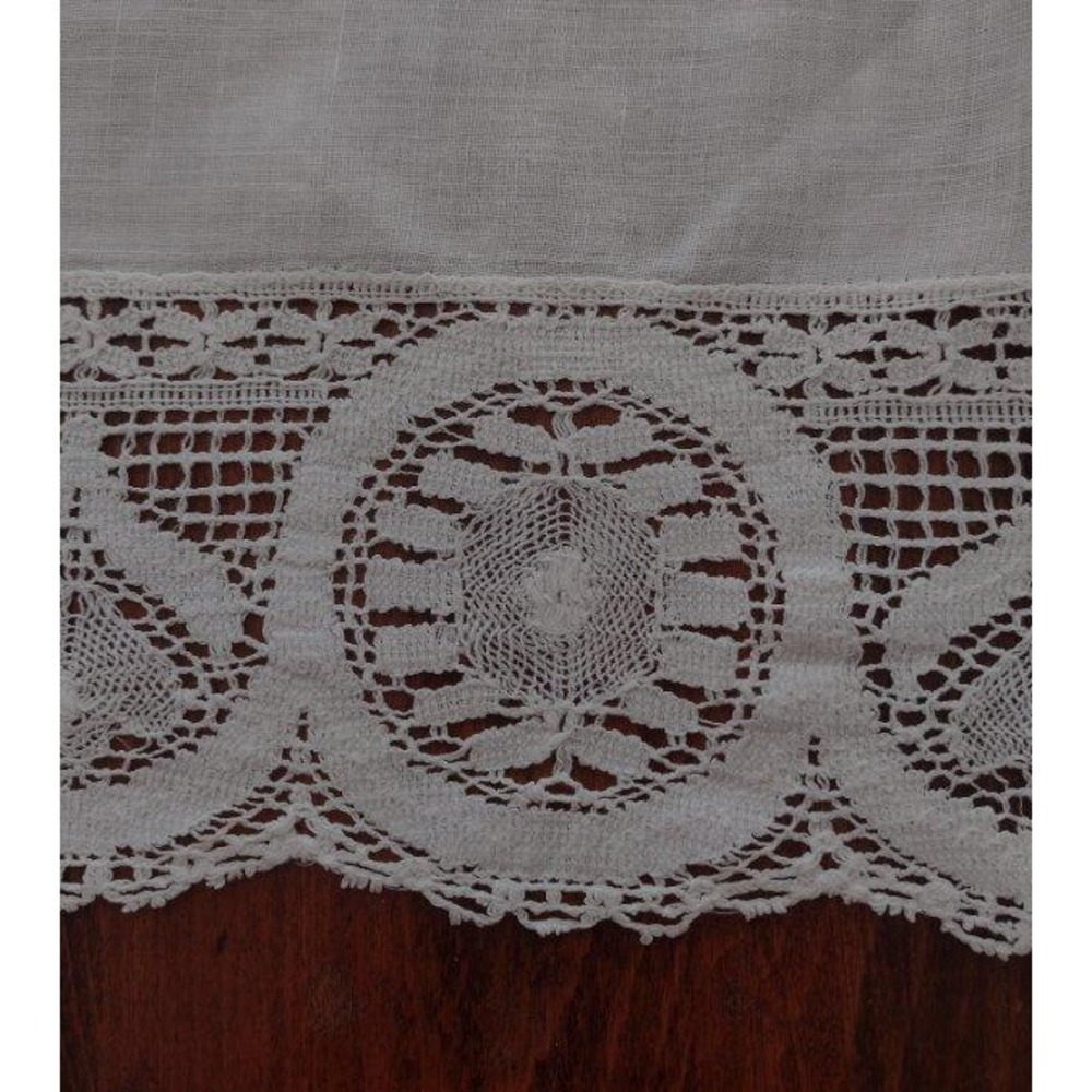 Vintage Pure Linen Table Runner Wide Chemical Lace Edge Ivory 48"